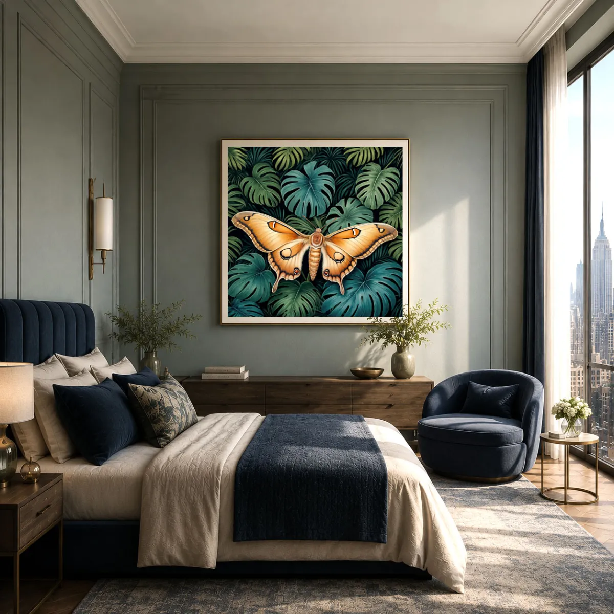     Elegant bedroom showcasing the Silent Wings XXL square wall art.