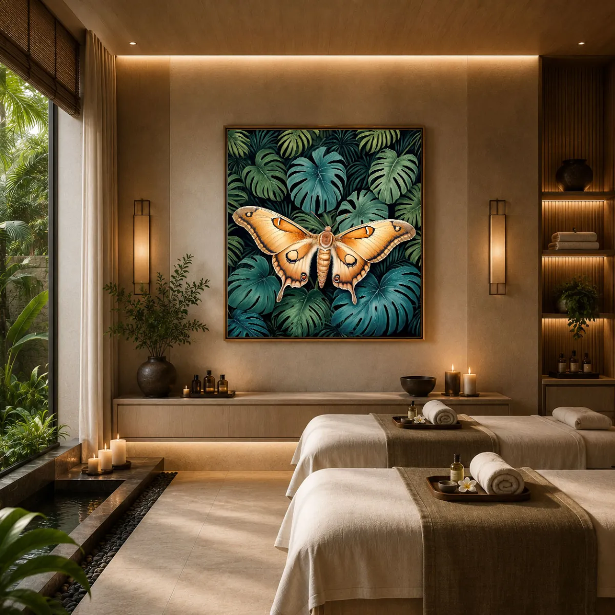 Five-star spa interior displaying the Silent Wings Atlas moth artwork.