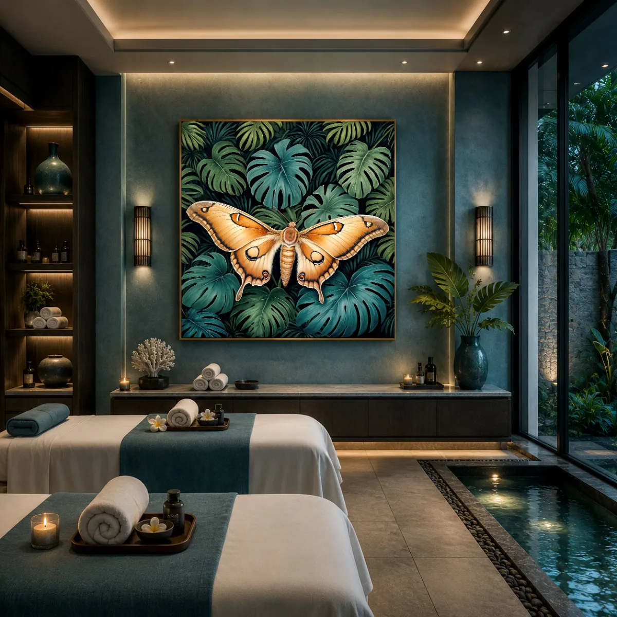 Luxury wellness spa featuring the Silent Wings XXL Atlas moth artwork.