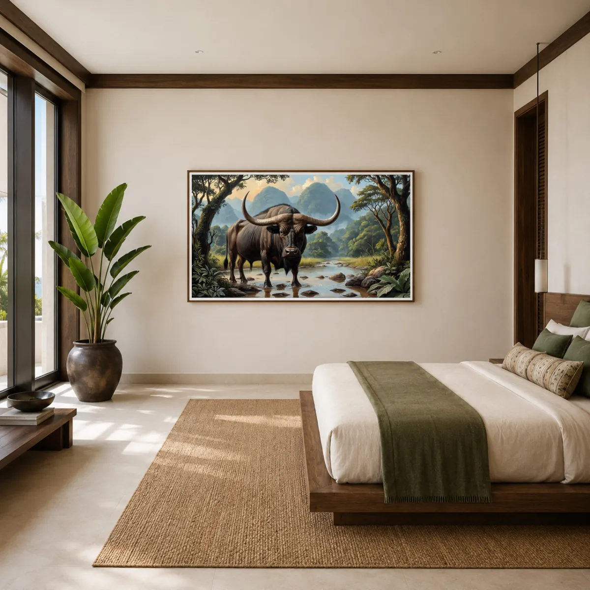 Luxury bedroom interior with Buffalo Unbound panoramic artwork