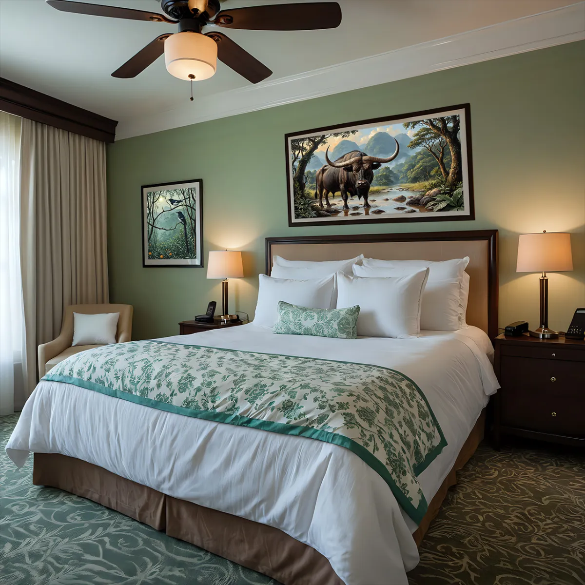 Asian Buffalo panoramic canvas in a contemporary hotel bedroom