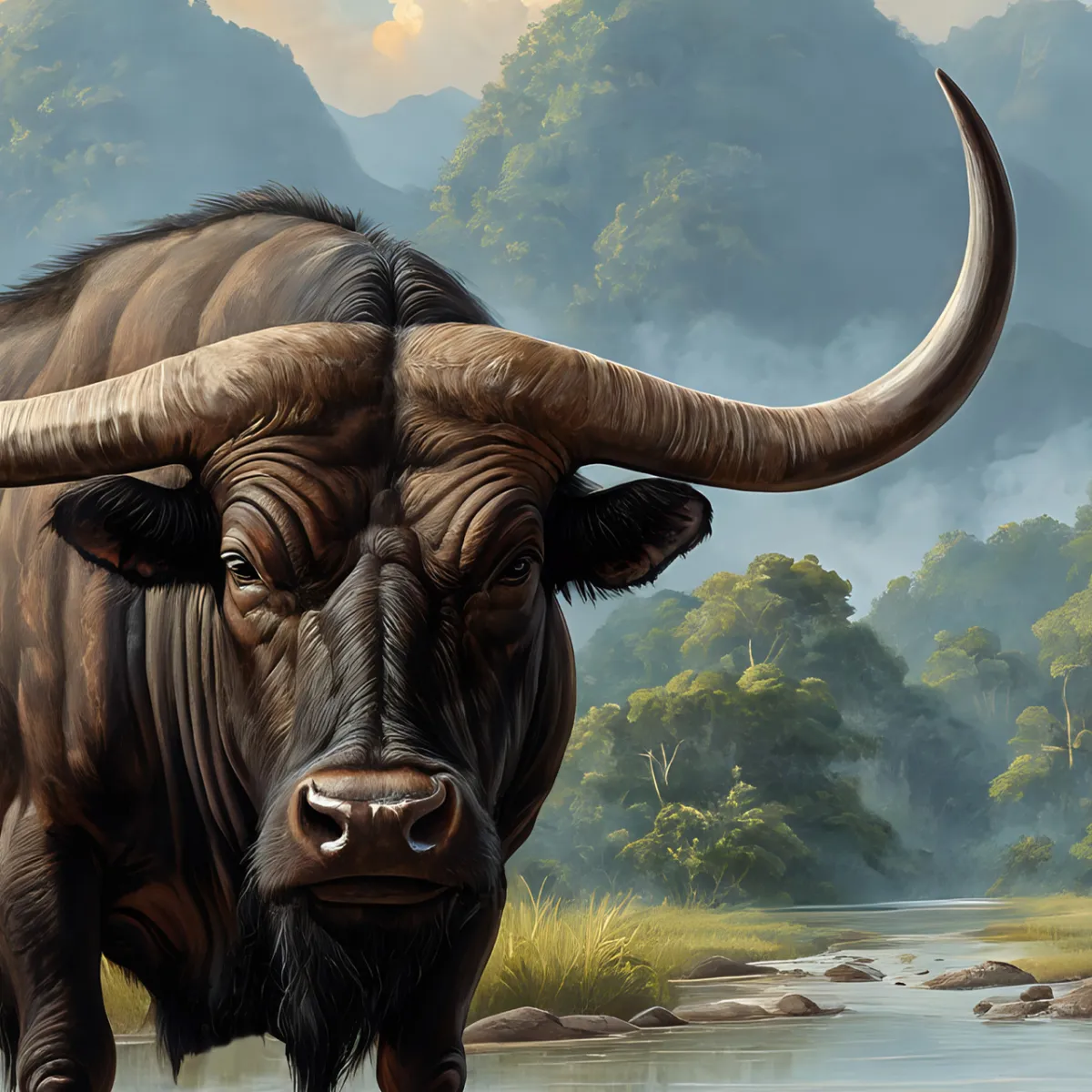 Close-up of Buffalo Unbound Asian Buffalo panoramic wall art