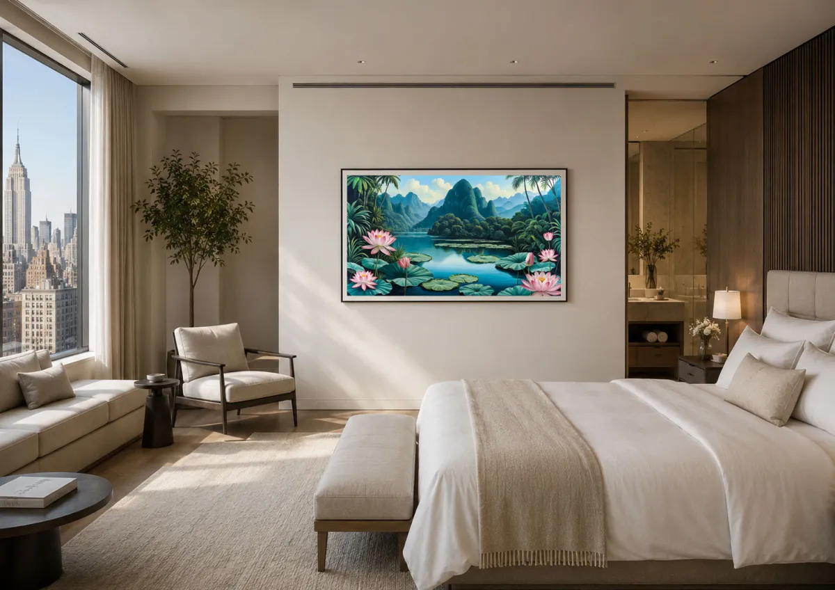 TAMAJAD Uncharted Eden tropical wall art in luxury bedroom
