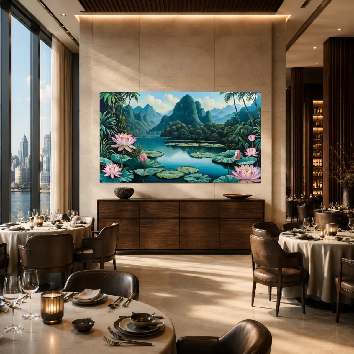 TAMAJAD Uncharted Eden panoramic wall art in restaurant