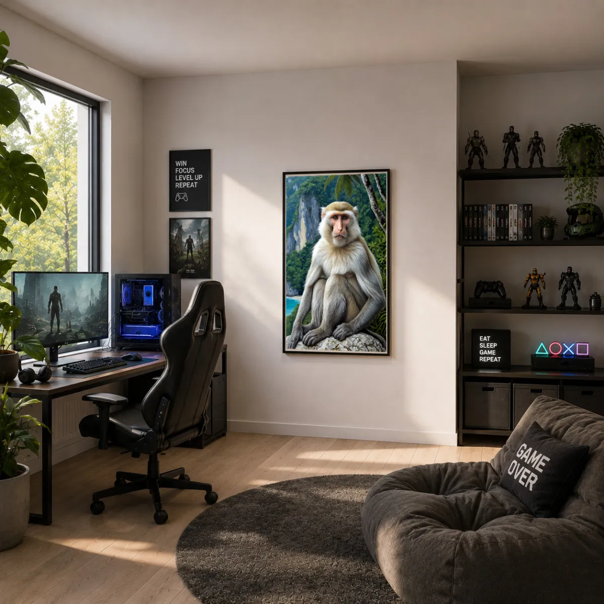     Stylish gaming room with the TAMAJAD “LORD OF LIMESTONE” tropical wildlife wall art