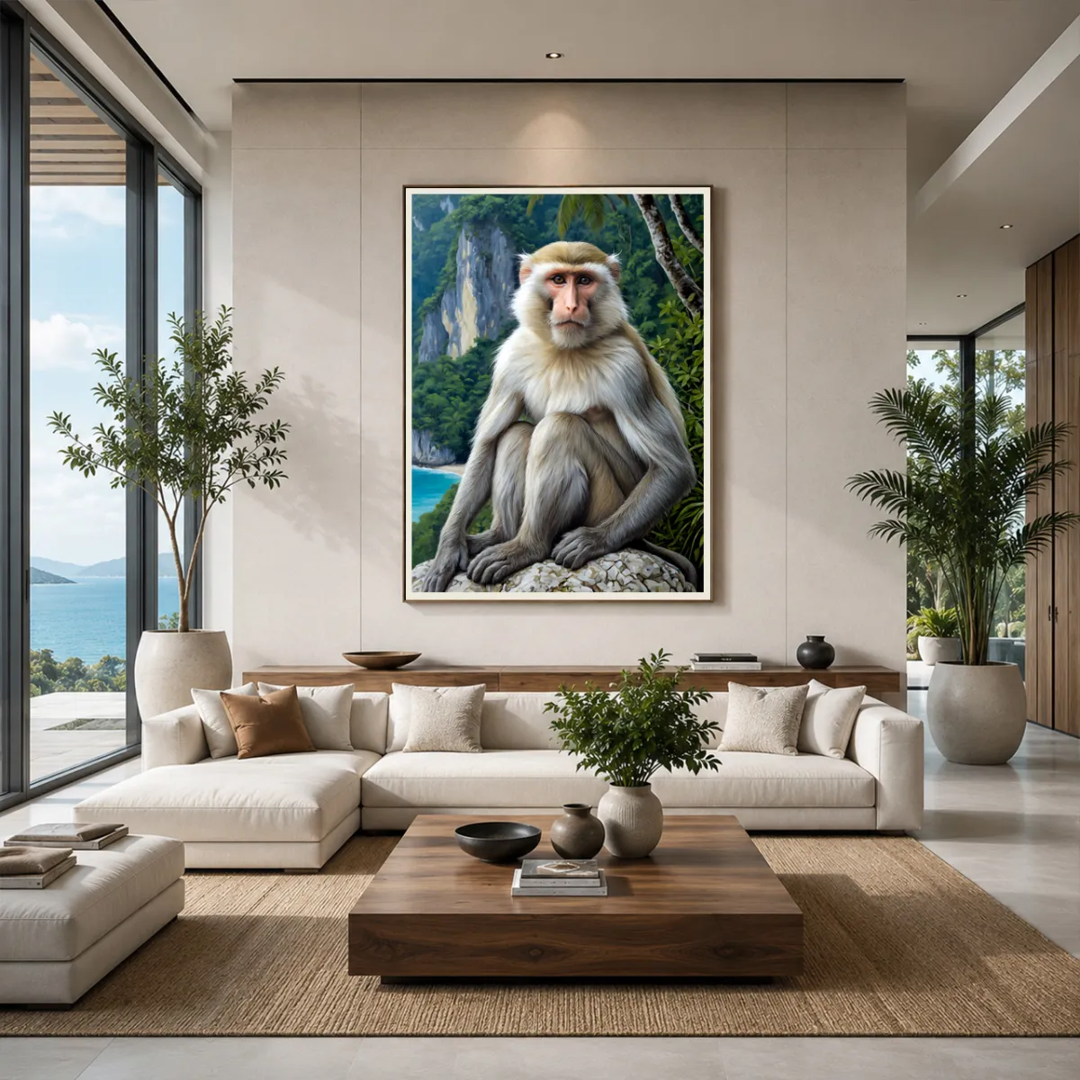     Contemporary living room showcasing the TAMAJAD “LORD OF LIMESTONE” wildlife artwork