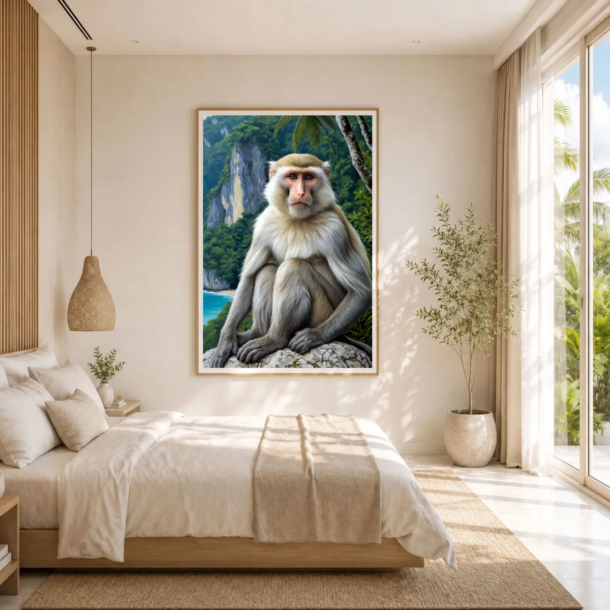     Modern luxury bedroom with the TAMAJAD “LORD OF LIMESTONE” premium tropical wall art.