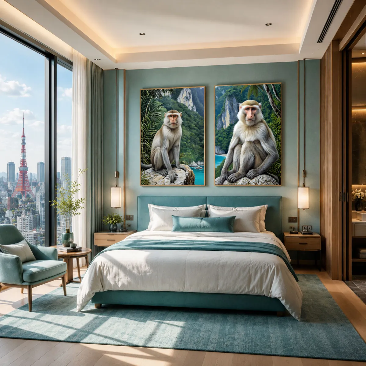     Luxury hotel suite showcasing the TAMAJAD Andaman Macaque Collection as two premium vertical artworks
