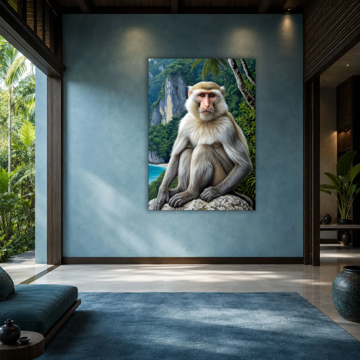 Luxury tropical hotel suite featuring the TAMAJAD “LORD OF LIMESTONE” macaque artwork displayed above a contemporary lounge area