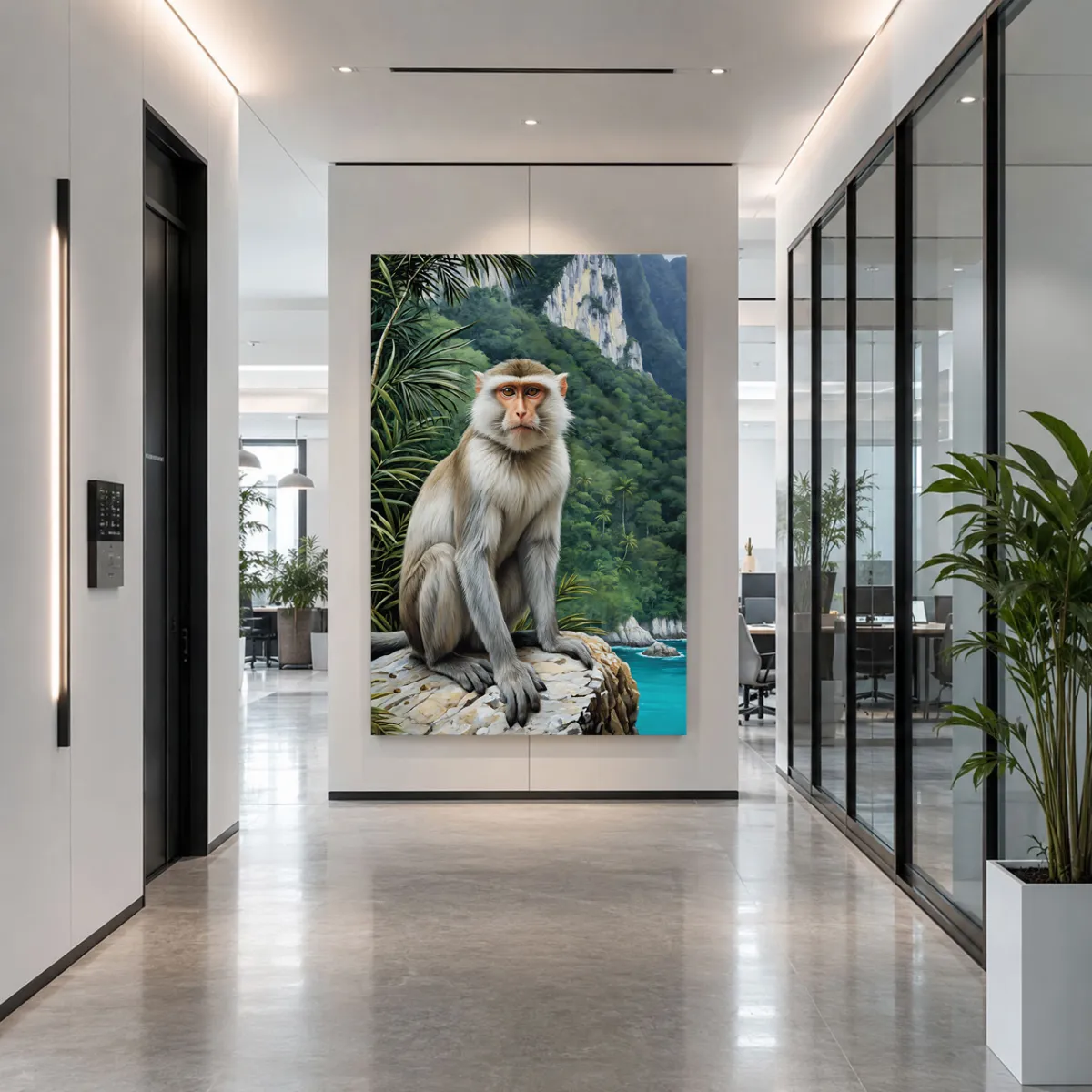 Large Crab-Eating Macaque wall art in a modern executive office interior