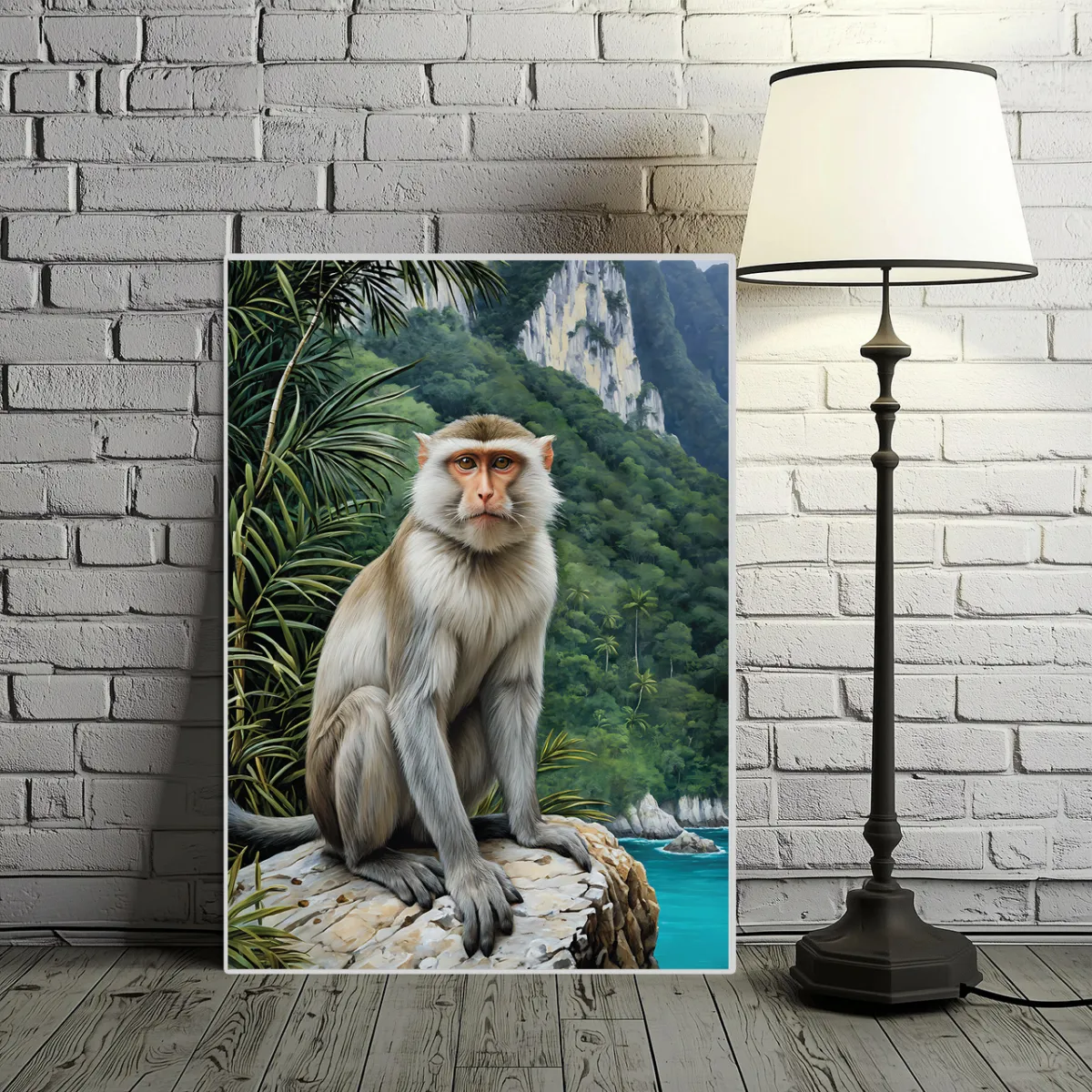 Crab-Eating Macaque Fine Art Print leaning against a white brick wall for interior styling