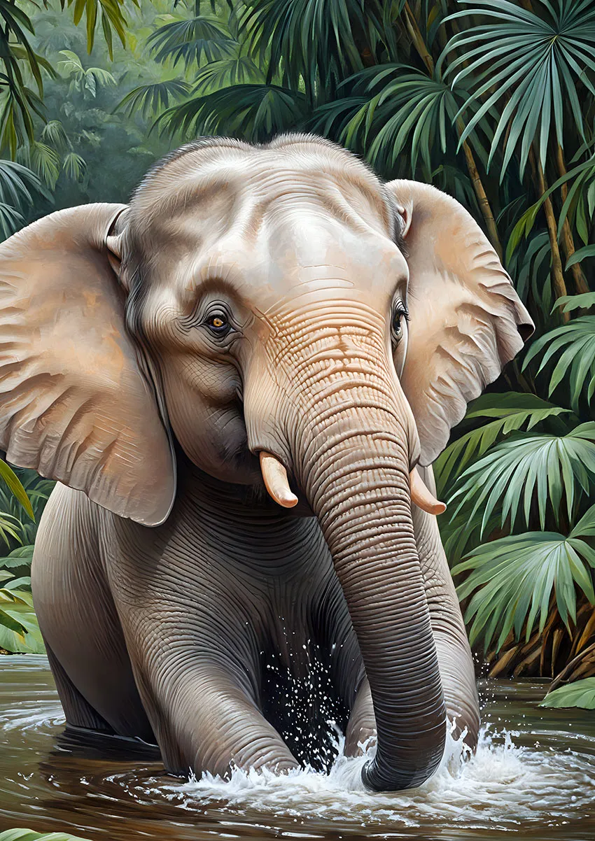 RIVER-TITAN elephant emerging through a tropical river surrounded by lush rainforest foliage
