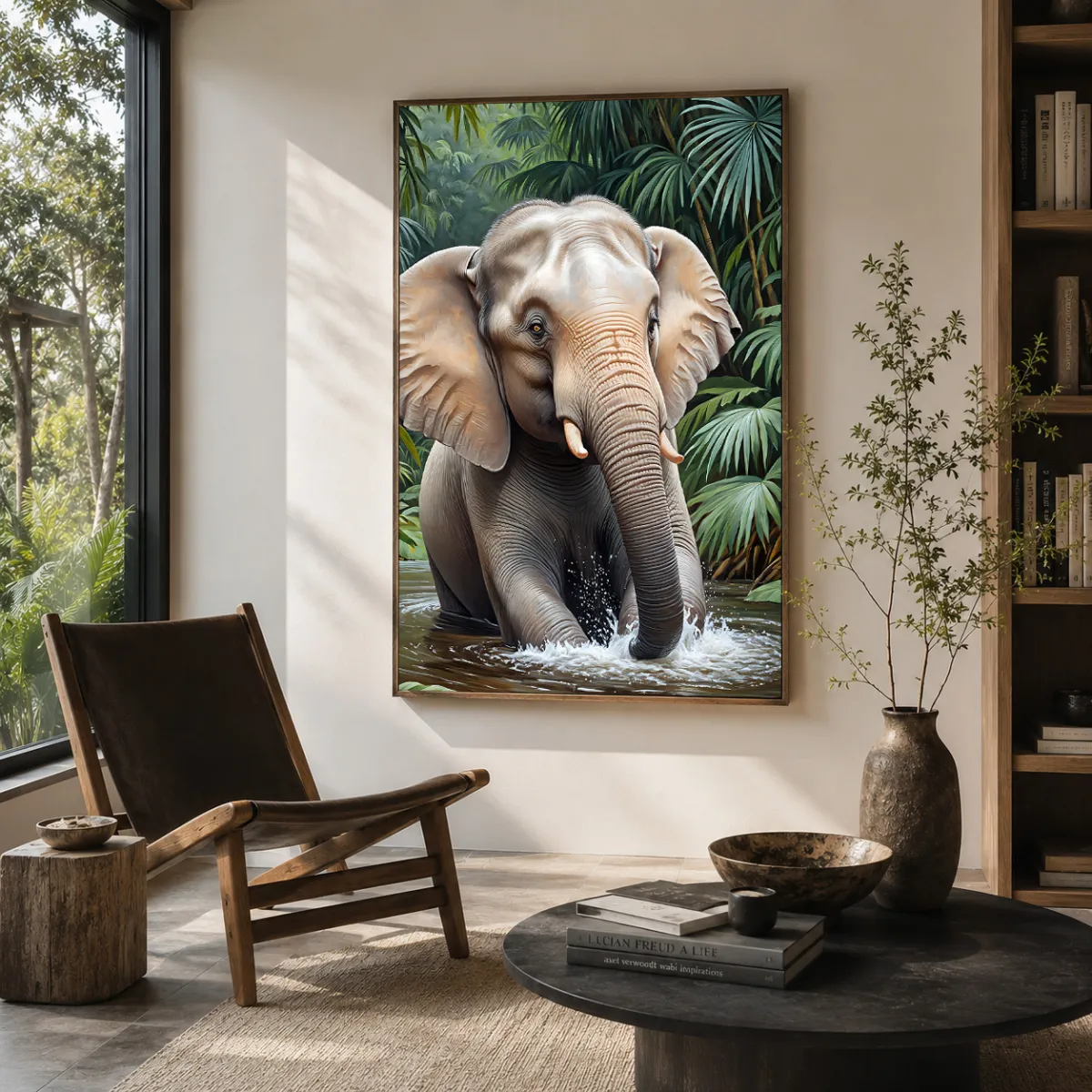 RIVER-TITAN XXL elephant wall art in a refined modern reading space