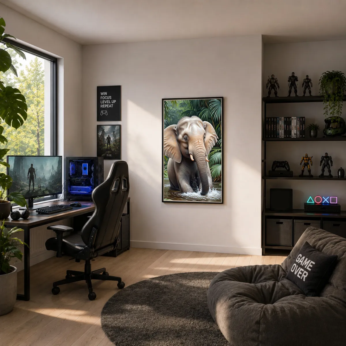 RIVER-TITAN elephant wall art adding character to a stylish gaming room