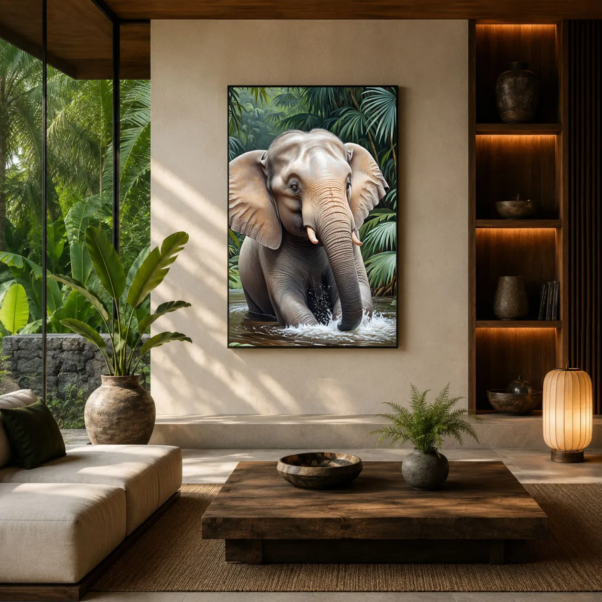 Luxury tropical living room featuring the RIVER-TITAN elephant artwork