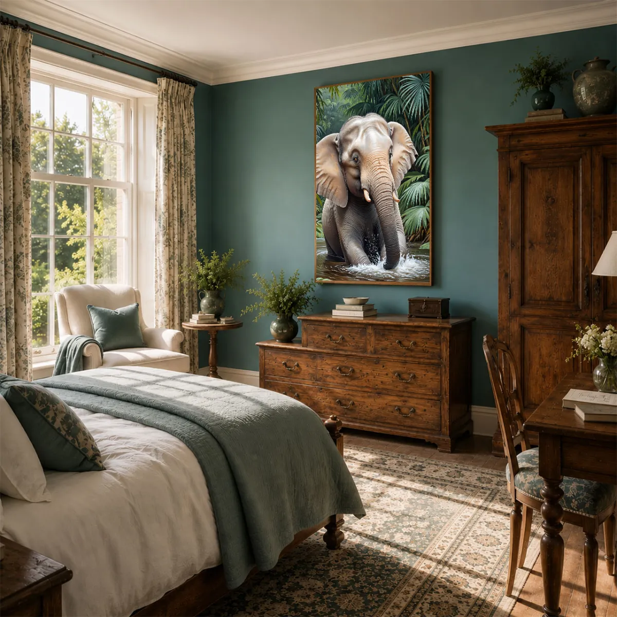  RIVER-TITAN elephant artwork displayed in an elegant classic bedroom
