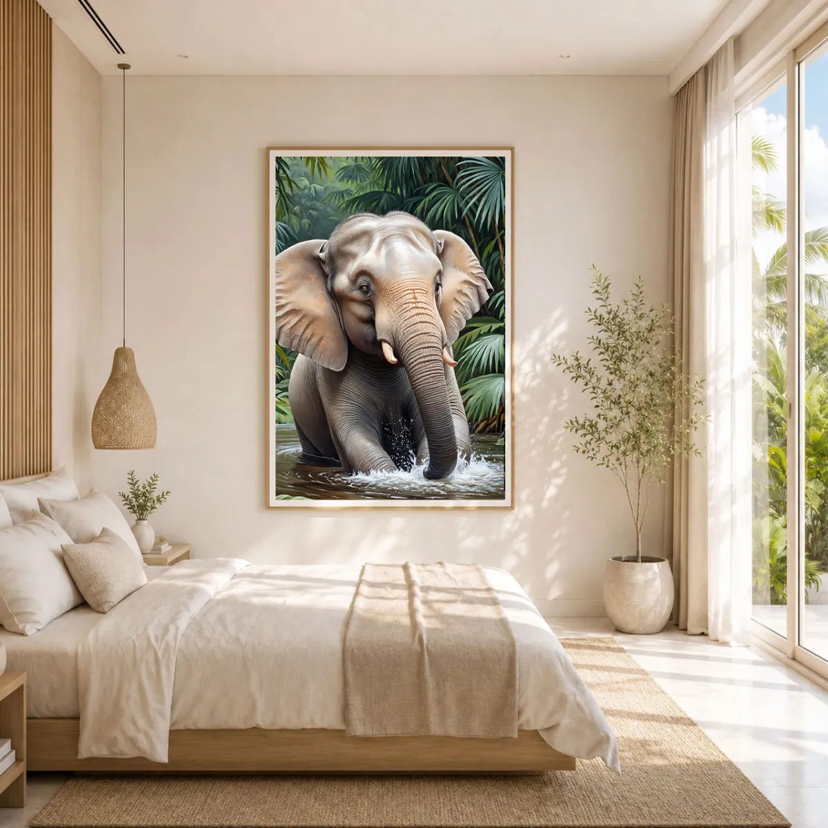 Large RIVER-TITAN elephant artwork enhancing a bright contemporary bedroom
