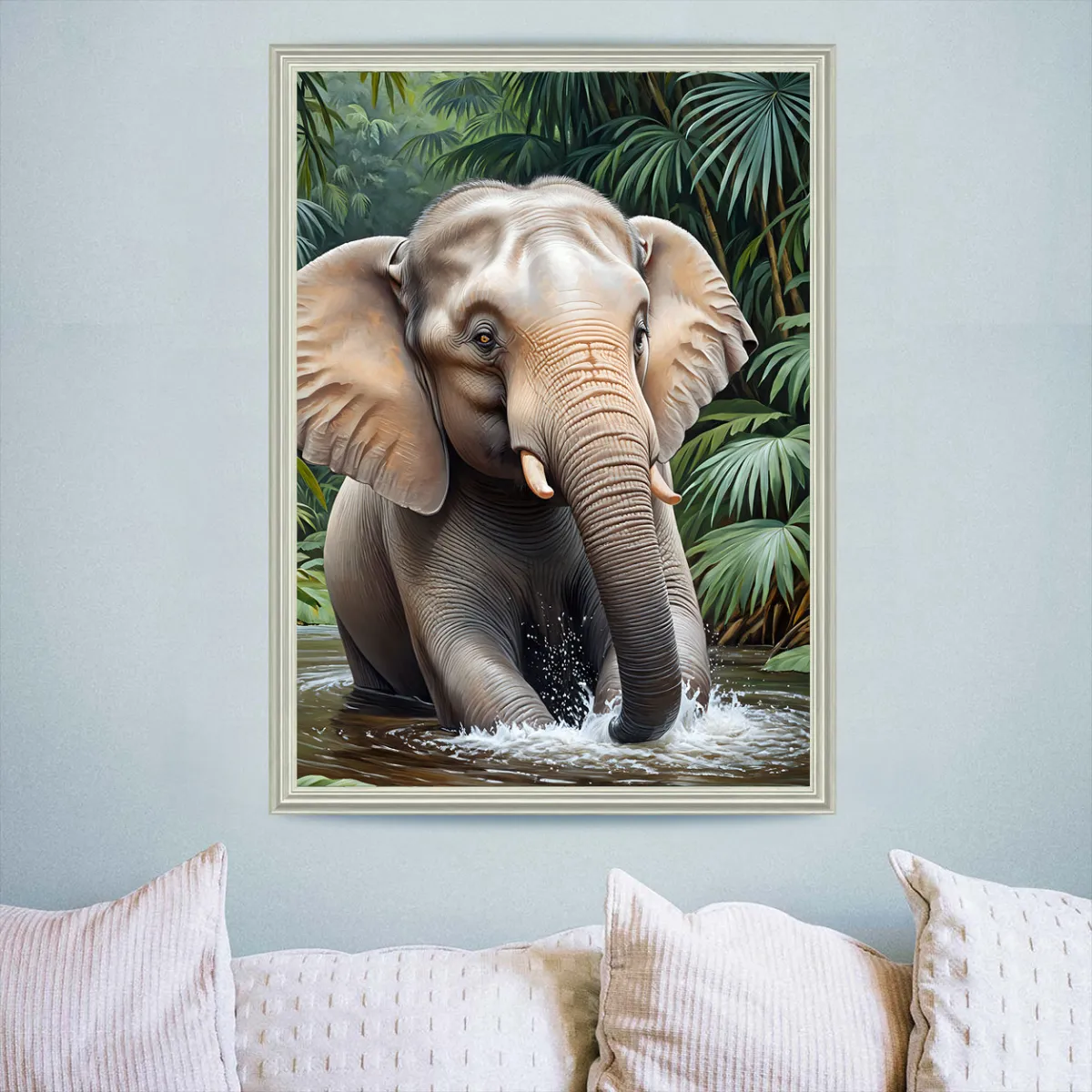Framed RIVER-TITAN elephant artwork showcasing exceptional wildlife realism