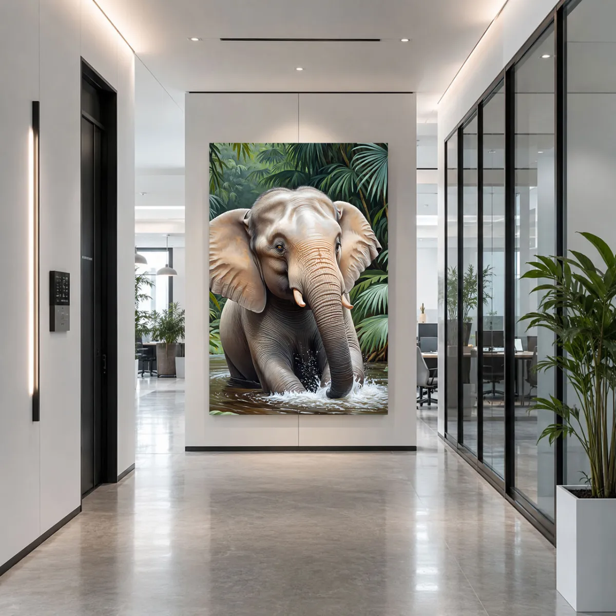RIVER-TITAN elephant artwork creating a striking focal point in a modern office