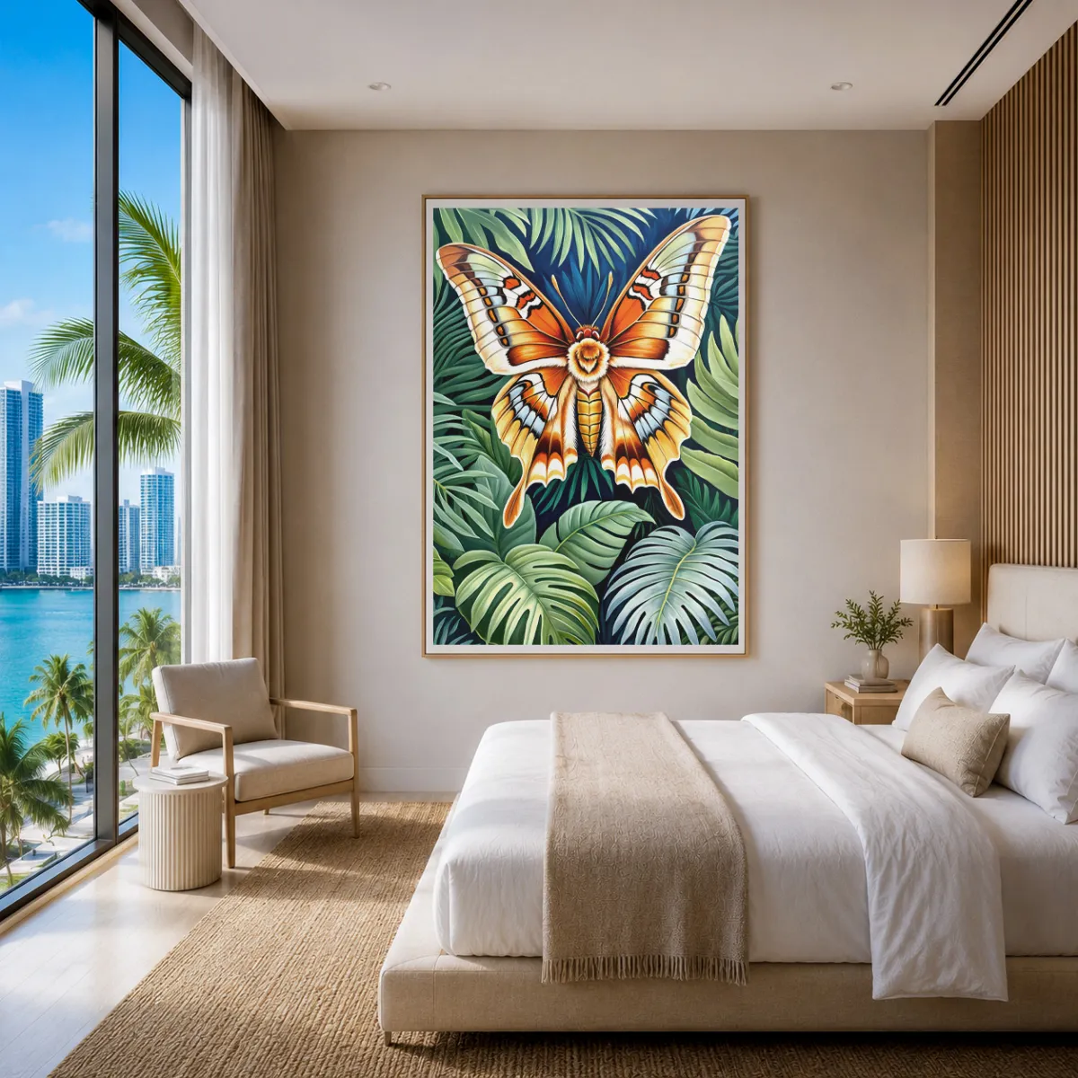 Museum-quality Atlas moth wall art in a bright luxury hotel bedroom with contemporary coastal interior.