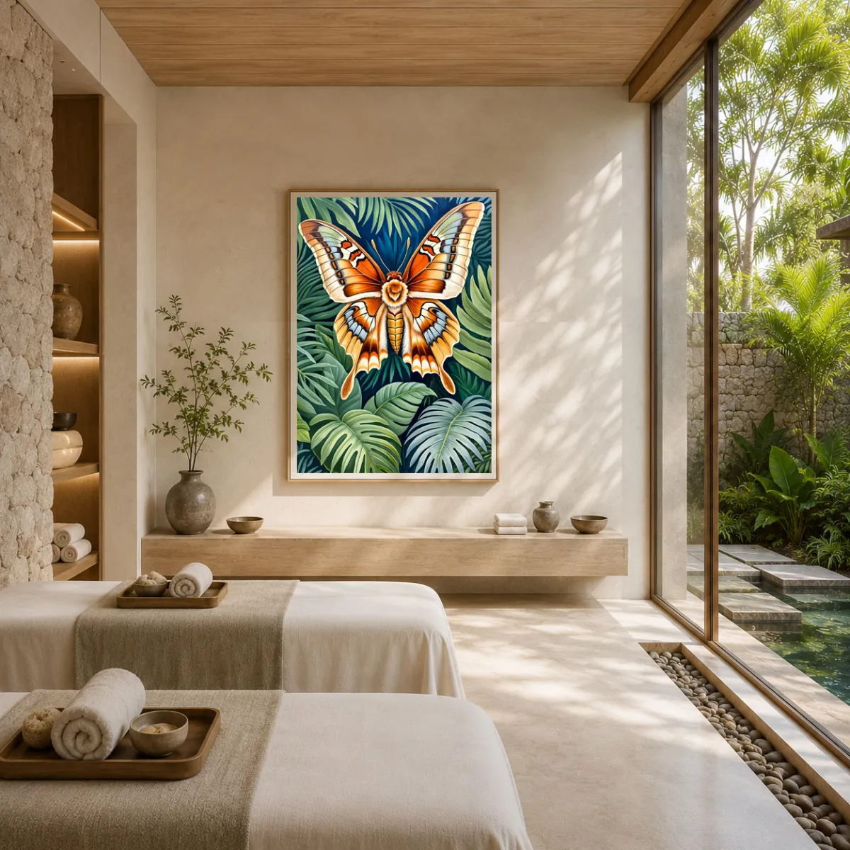Museum-quality Atlas moth fine art print displayed in a luxury tropical spa treatment room with contemporary minimalist interior design