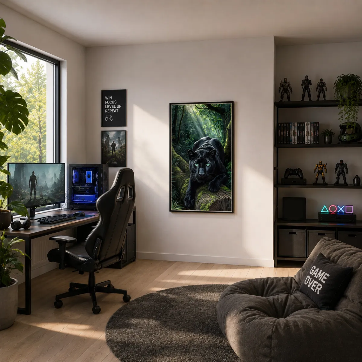 Black Panther XXL wall art creating a bold focal point in a contemporary gaming room and creative home office