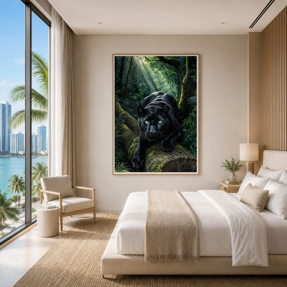 Black Panther XXL artwork bringing quiet intensity and tropical elegance to a contemporary luxury bedroom.