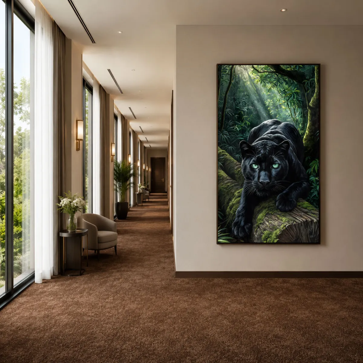 Black Panther XXL wall art displayed in a luxury hotel corridor, creating a striking focal point with tropical rainforest elegance.