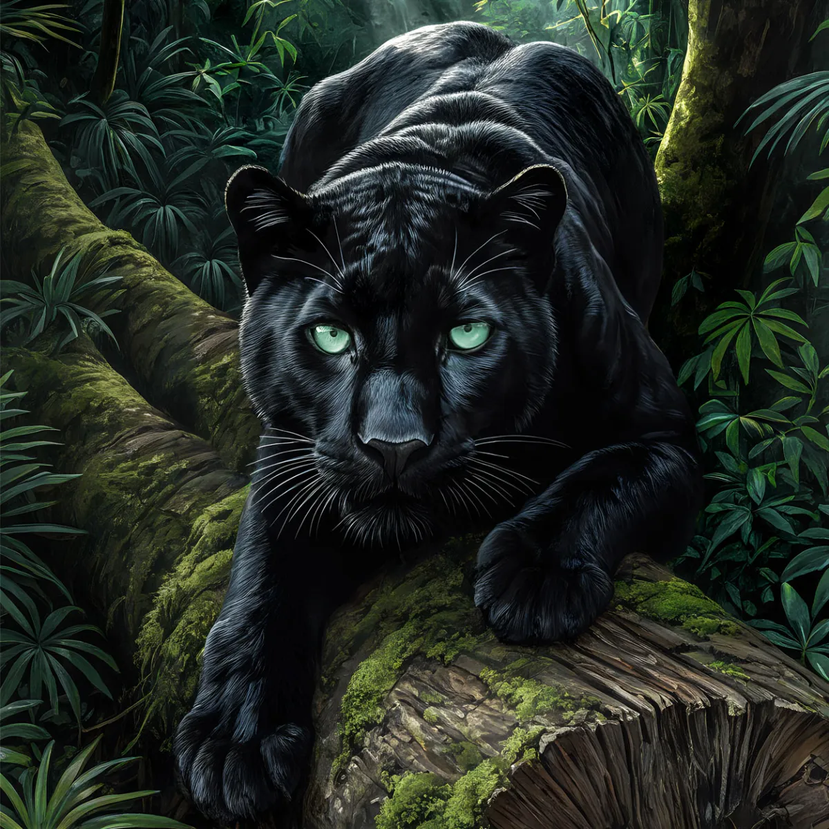 Black Panther watching silently beneath the rainforest canopy, luxury XXL printable wildlife artwork with emerald eyes.
