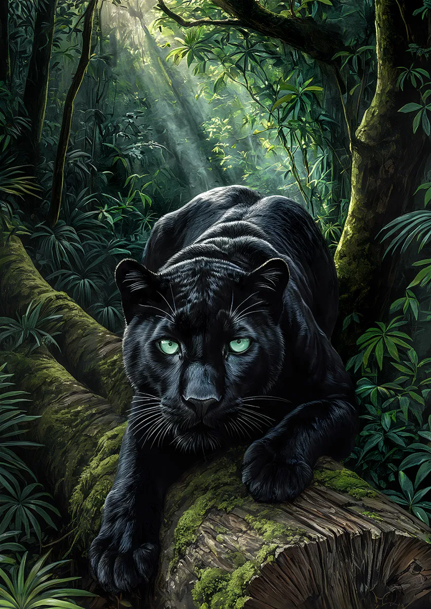 Black Panther resting on a moss-covered tree in a tropical rainforest, premium XXL wildlife wall art by TAMAJAD