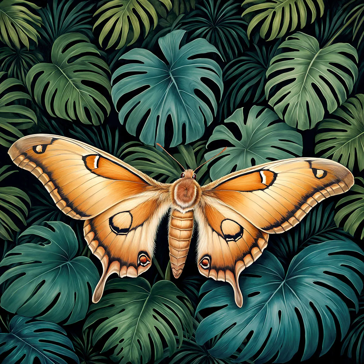Luxury spa interior featuring the Silent Wings XXL Atlas moth artwork.