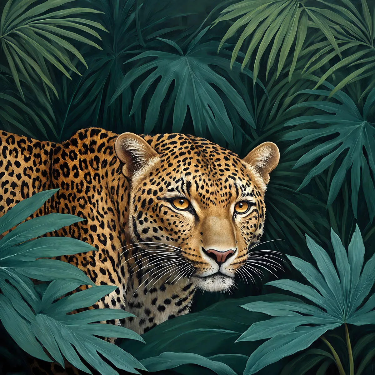 Tropical resort suite with a large square leopard artwork inspired by lush rainforest landscapes and refined hospitality