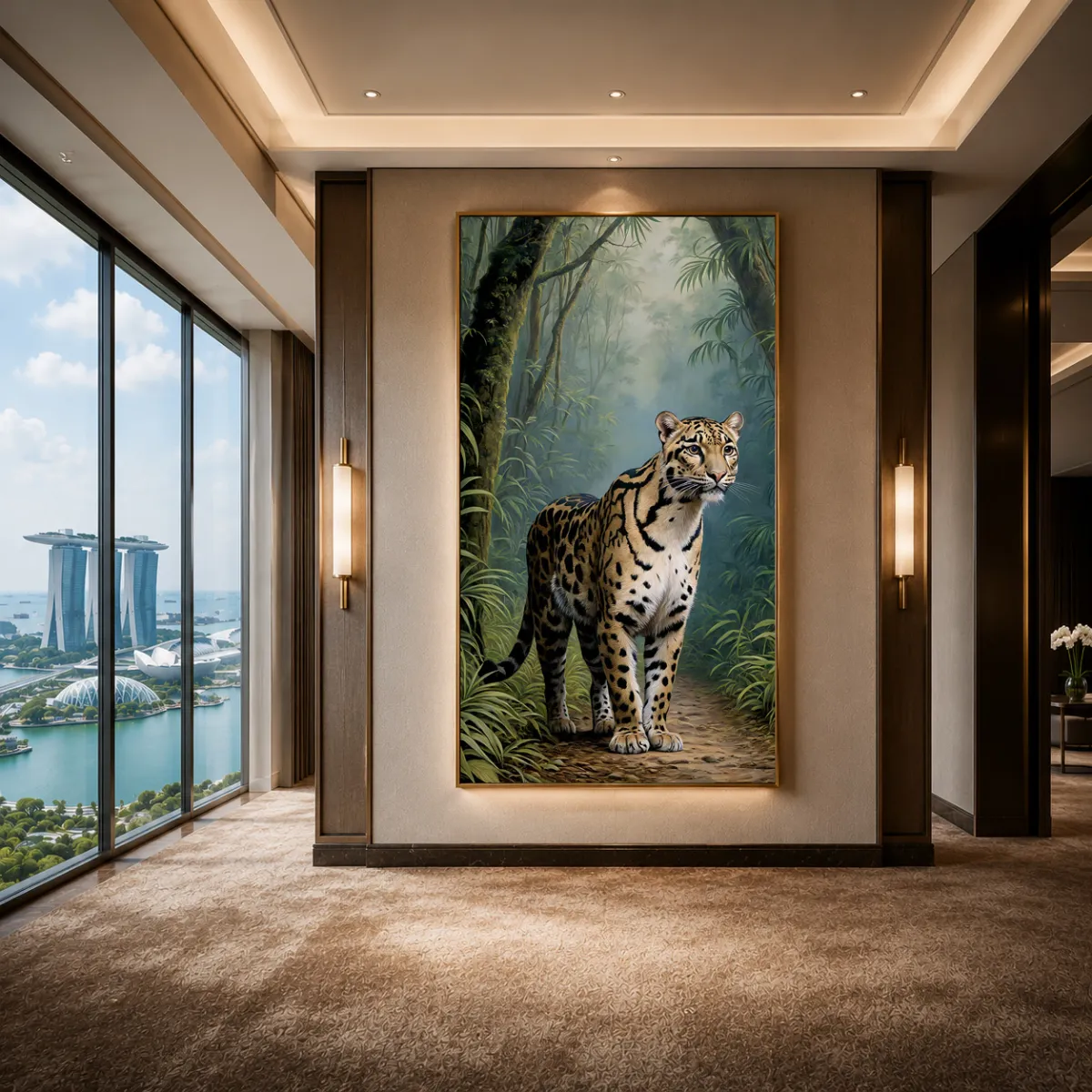Clouded leopard wall art in a luxury contemporary interior overlooking a tropical landscape, XXL
