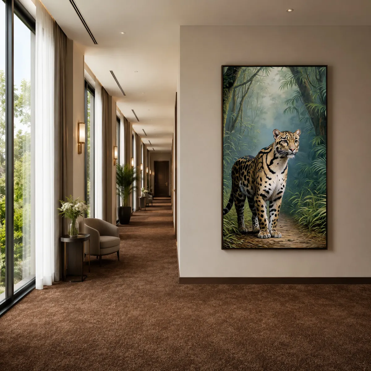 Clouded leopard rainforest artwork displayed in a luxury hotel corridor, premium XXL wildlife wall art