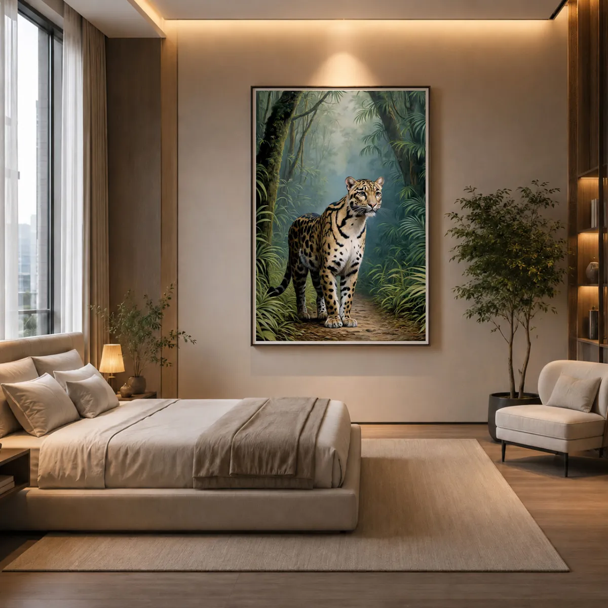 Clouded leopard rainforest artwork above a luxury bedroom, sophisticated tropical wildlife wall art