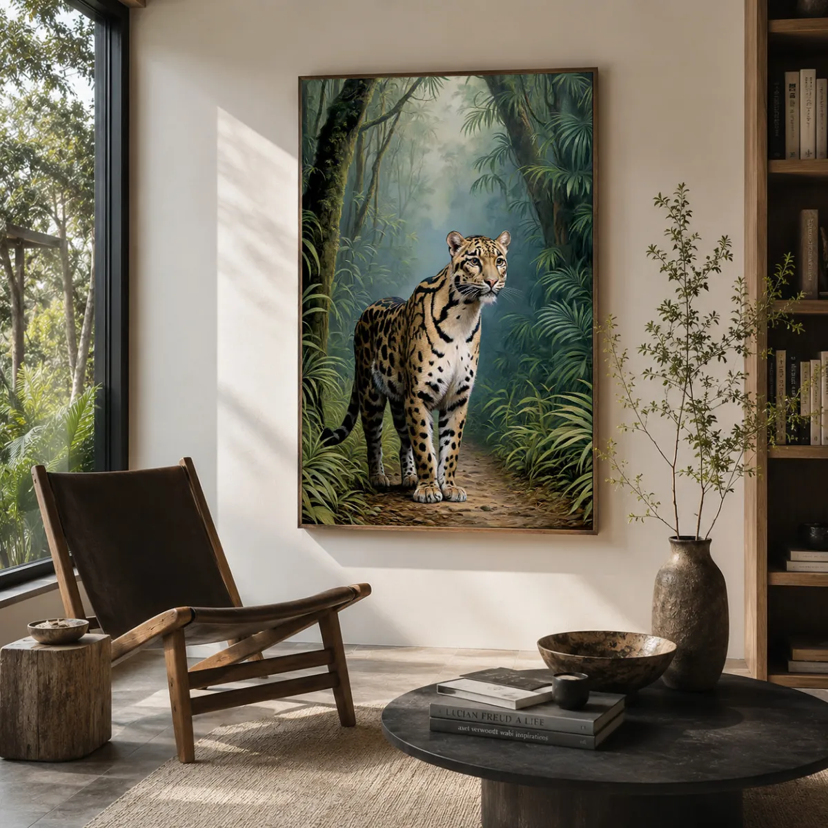 Clouded leopard wall art in an elegant contemporary living room, luxury tropical wildlife artwork