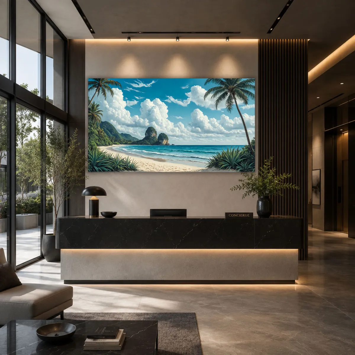 Tropical beach artwork above a modern hotel reception
