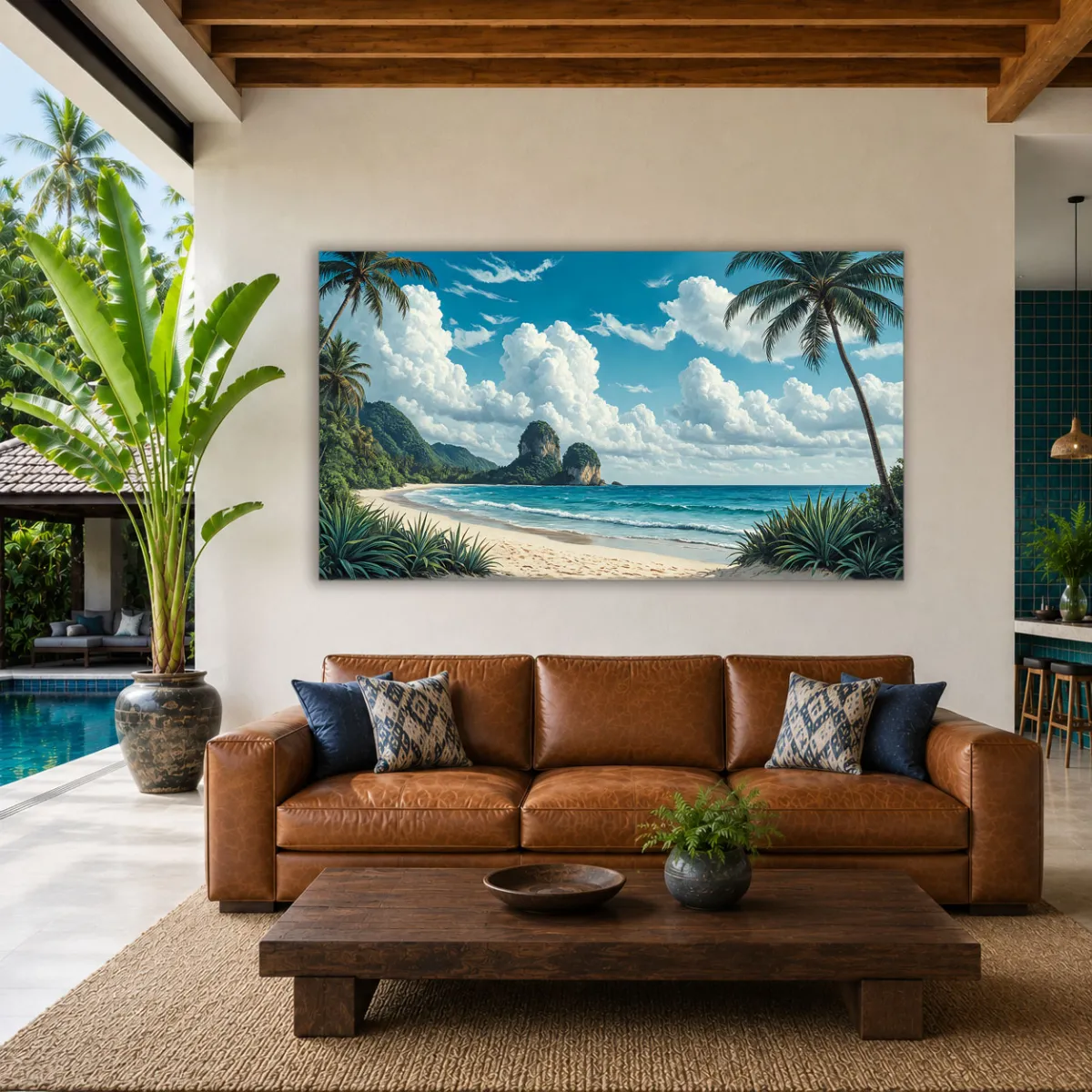 Tropical beach artwork in a contemporary living room