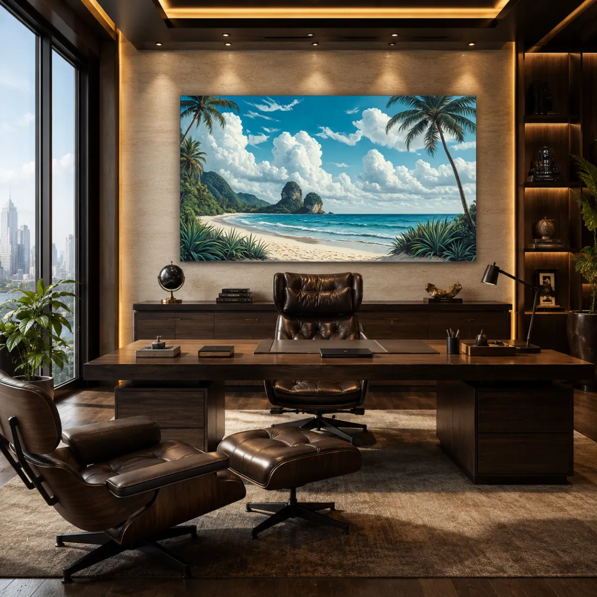 Tropical beach artwork above a luxury executive desk