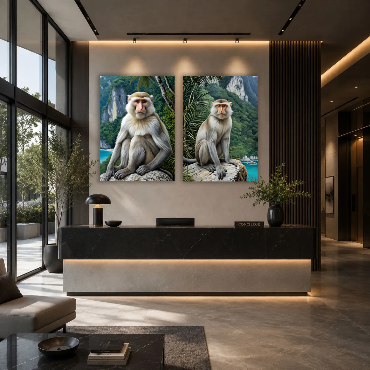 Luxury hotel reception featuring Curious Encounter Crab-Eating Macaque wall art by TAMAJAD