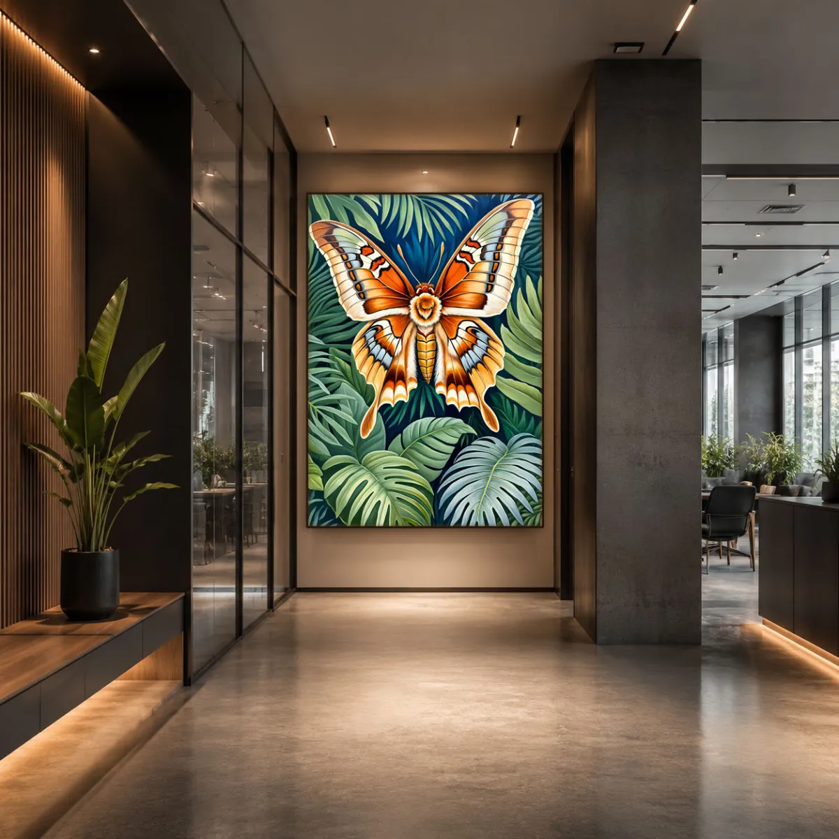 Large Atlas moth wall art by TAMAJAD decorating a contemporary luxury hotel corridor with minimalist architecture