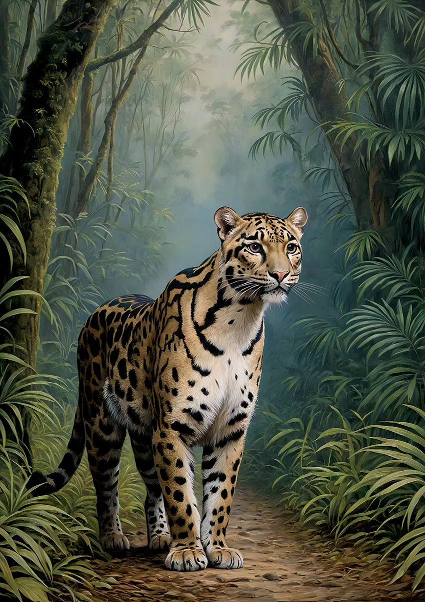 Clouded leopard walking through a lush tropical rainforest, premium XXL wildlife wall art for luxury interiors