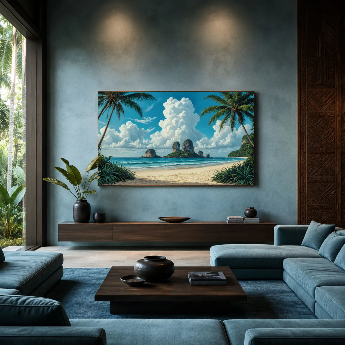 Luxury coastal residence featuring panoramic Thailand landscape artwork above a contemporary sofa.
