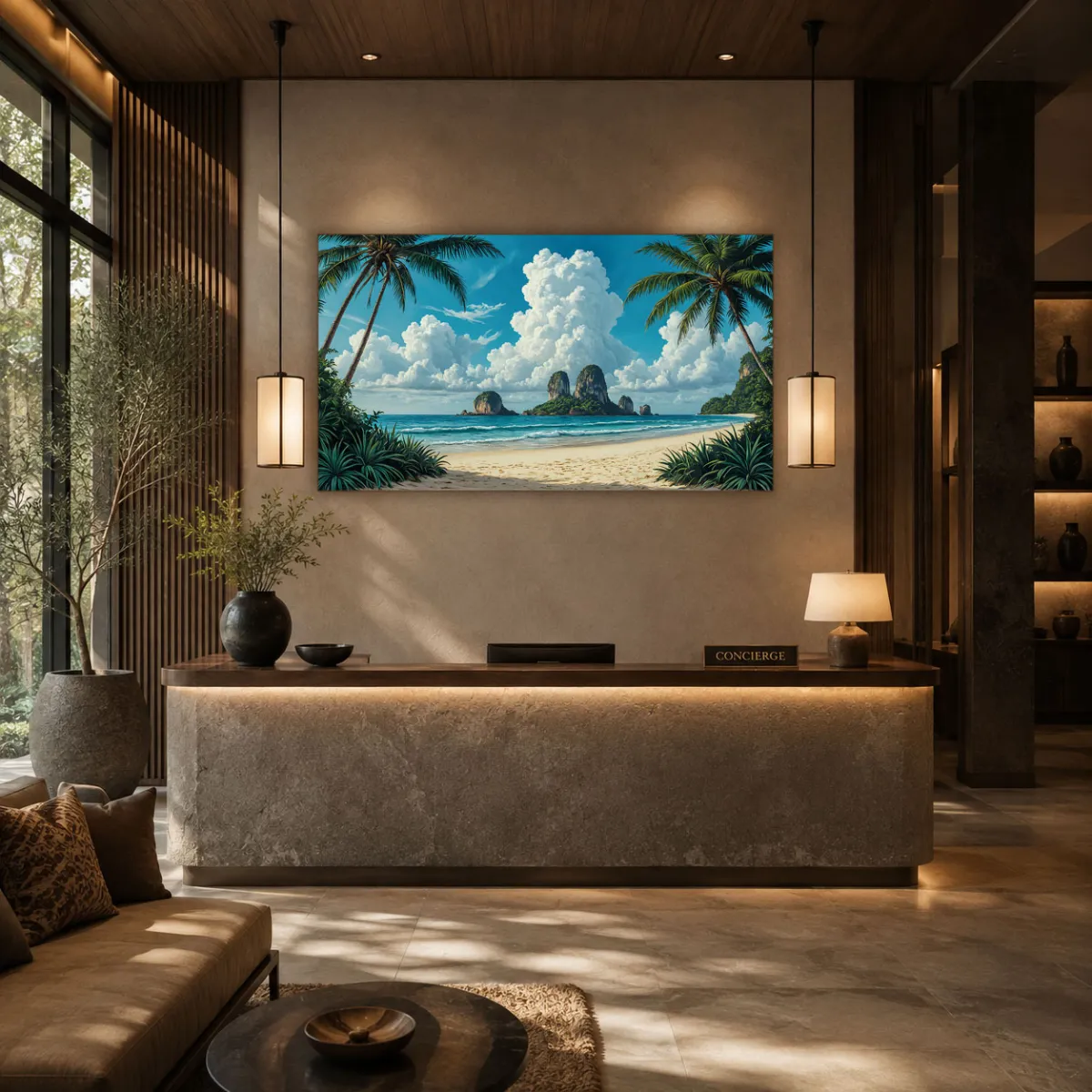 Luxury hotel reception featuring panoramic Thailand coastal landscape artwork above the concierge desk.