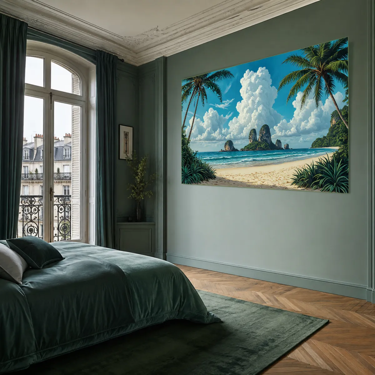 Elegant Parisian bedroom featuring panoramic Thailand coastal landscape artwork above the bed