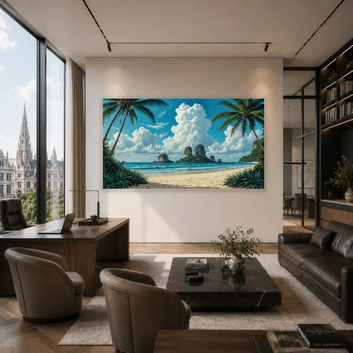 Contemporary living room featuring panoramic Thailand coastal landscape artwork in turquoise tones.