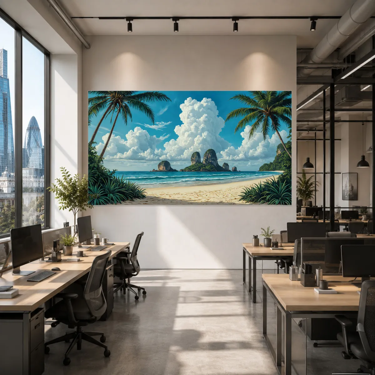 Modern London startup office featuring panoramic Thailand coastal landscape wall art.