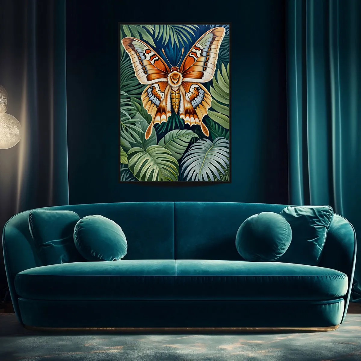 Atlas moth statement artwork above a designer blue velvet sofa in an elegant contemporary living room