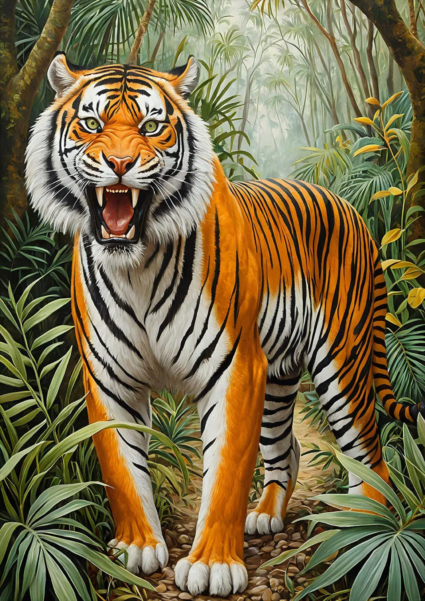 Roaring tiger in a lush tropical forest