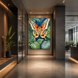 Large-format Atlas moth wall art enhancing a contemporary hotel corridor, premium office or executive workspace with refined architectural design and museum-quality finishes.